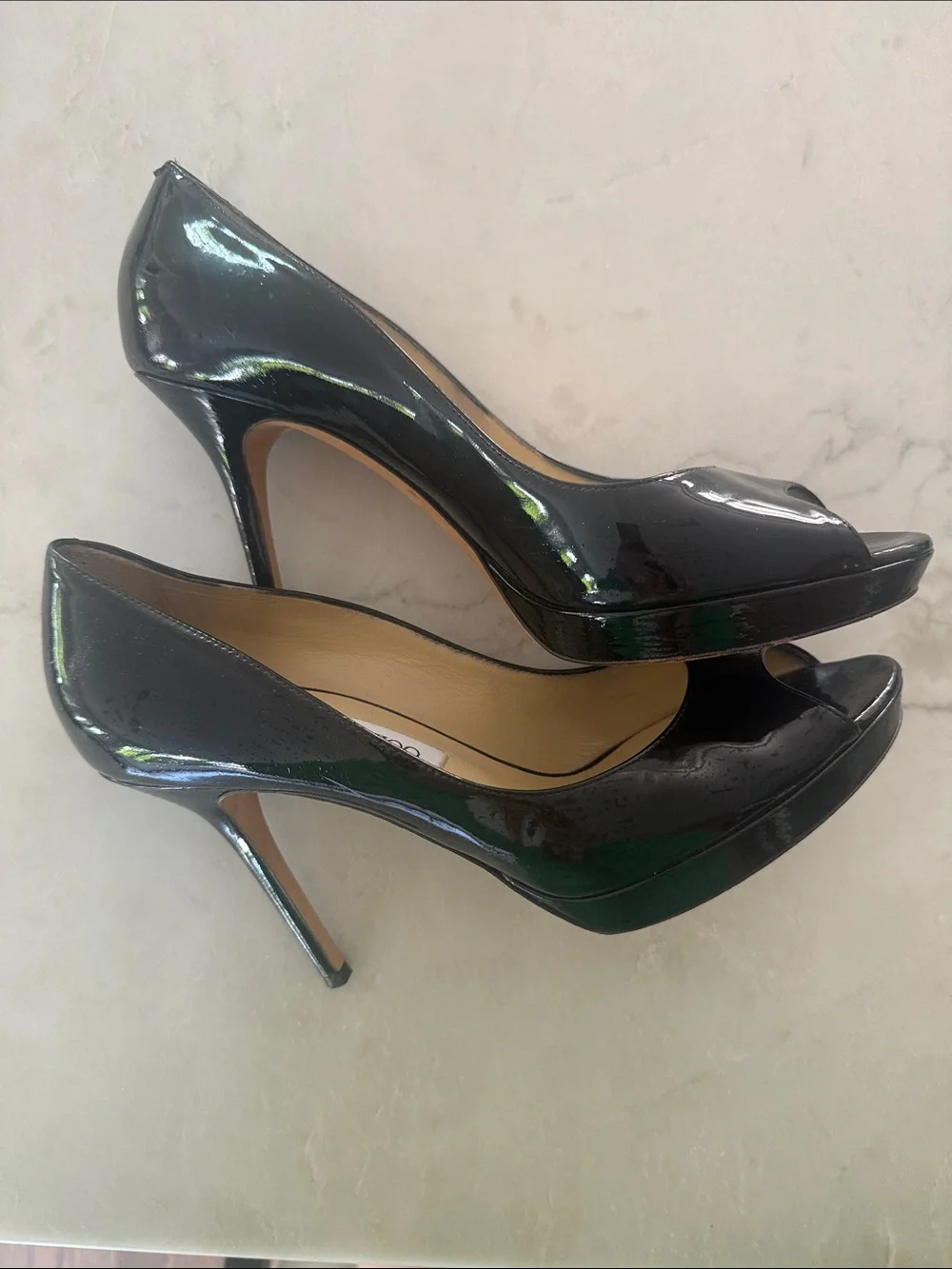 Jimmy Choo Black Patent Peep-Toe Stiletto Pumps size 40